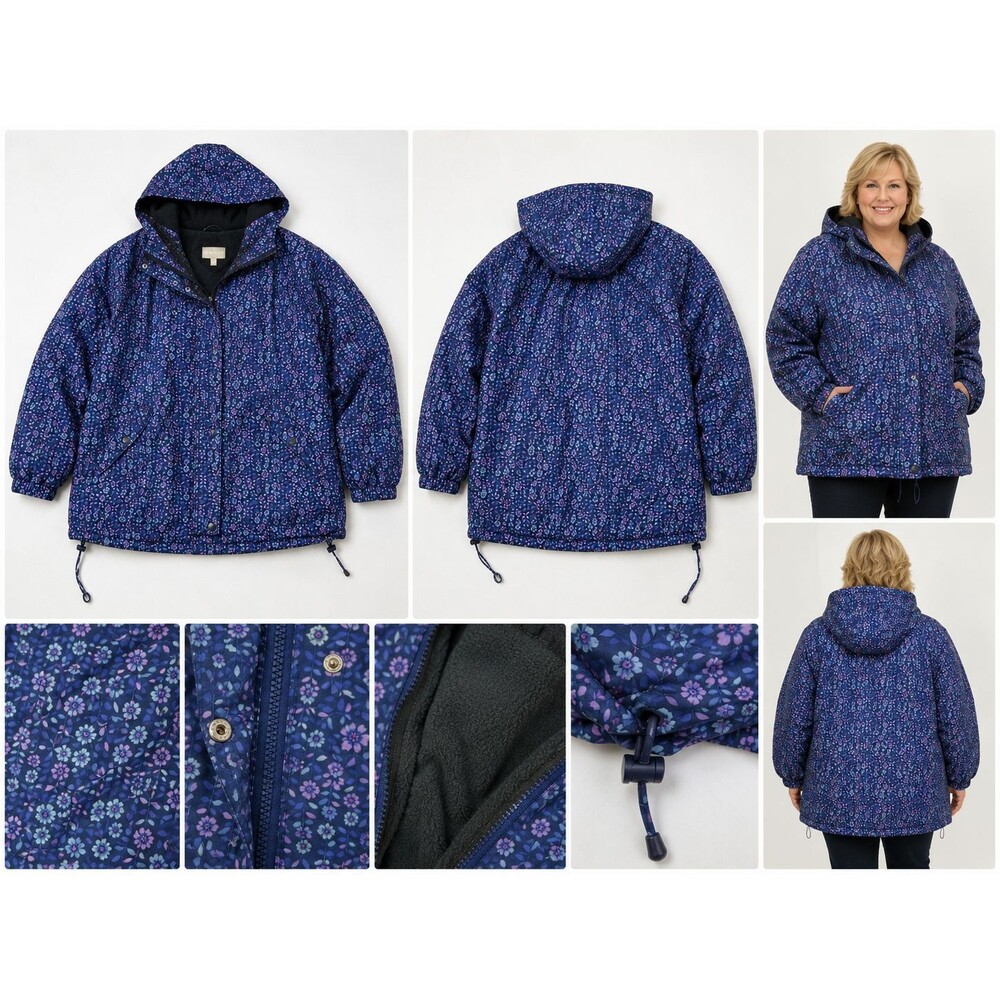 Woman Within 3X Floral Hooded Jacket Navy Blue Fleece Lined Plus Size Coat